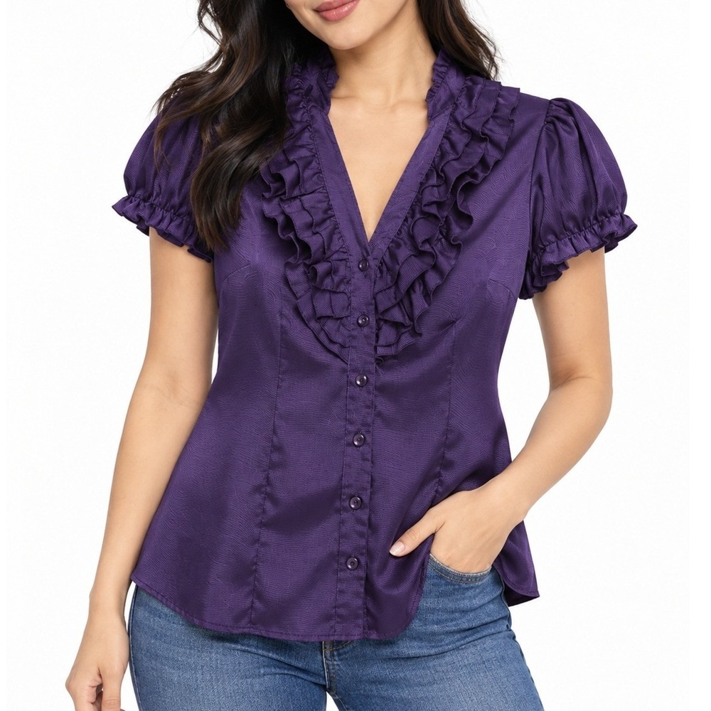 Vintage A. Byer Blouse Medium Purple Ruffle V-Neck Puff Sleeve Button Up Y2K